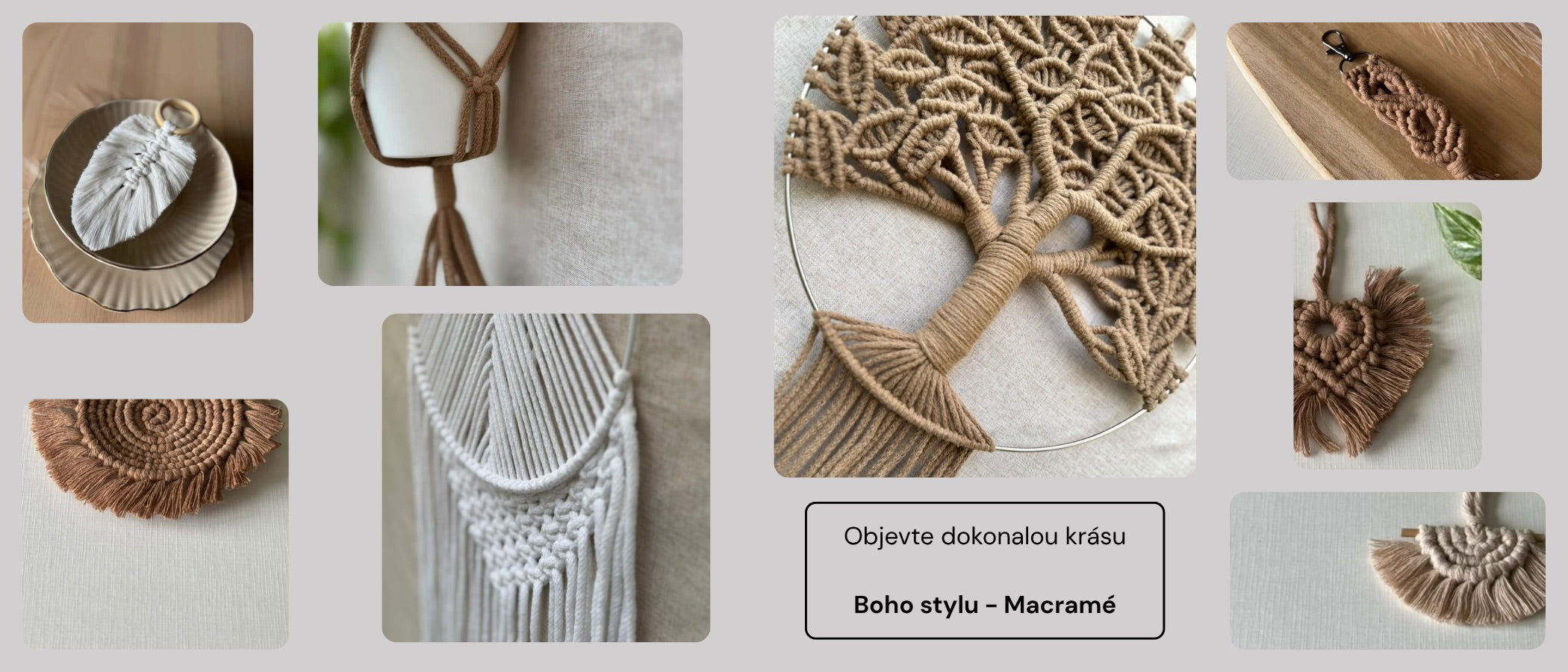 Banner s macramé výrobky označený hotspoty na produkty.