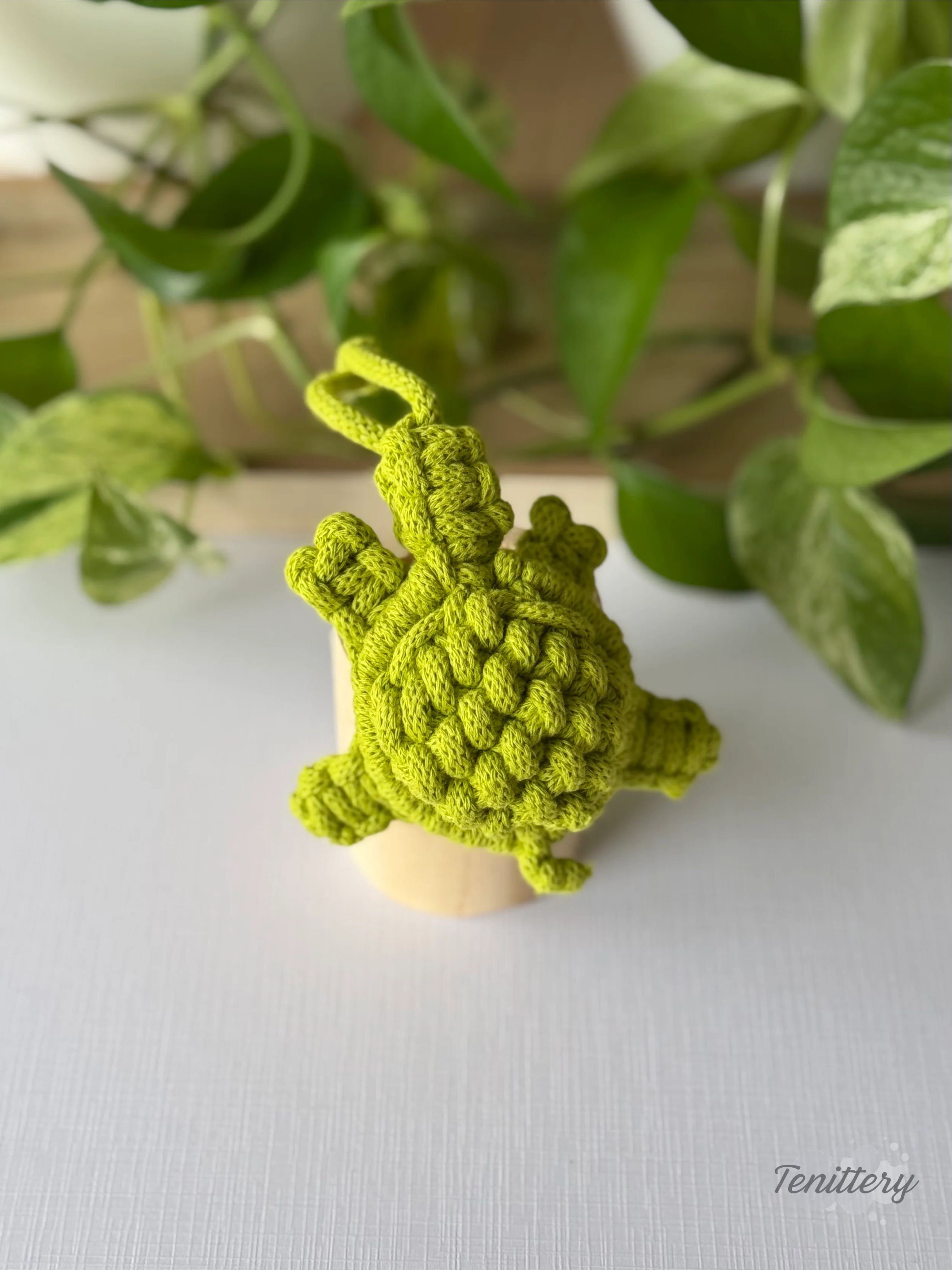 Macramé dekorace na zeď Želvička ve světle zelené barvě.